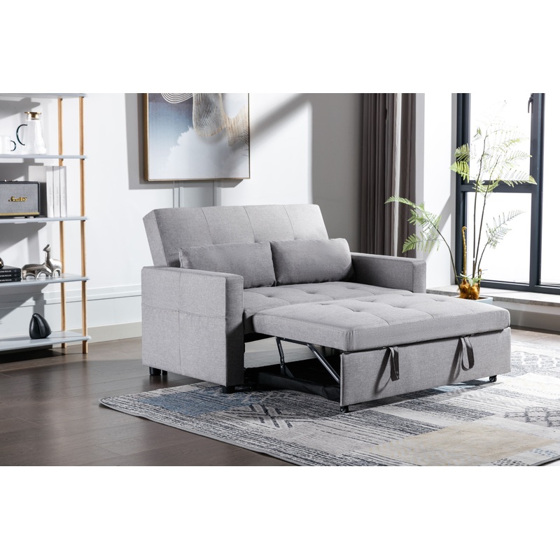 2 Seaters Slepper Sofa Bed Linen Fabric 3-In-1 Convertible Sleeper Loveseat With Side Pocket