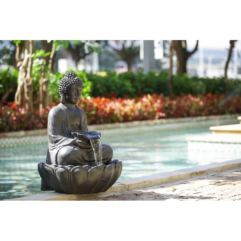 Buddha Statue Water Fountain, Indoor Outdoor Polyresin Fountain With Light - Dark Gray