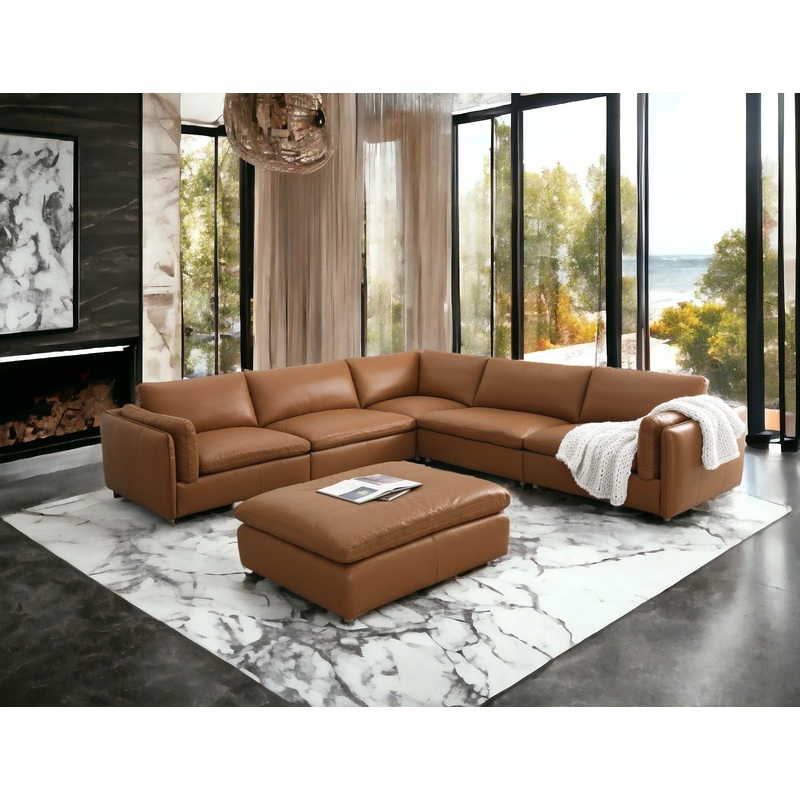 Brighton - Top Grain Leather 6 Pieces Modular Sectional With 1 Ottoman - Brown