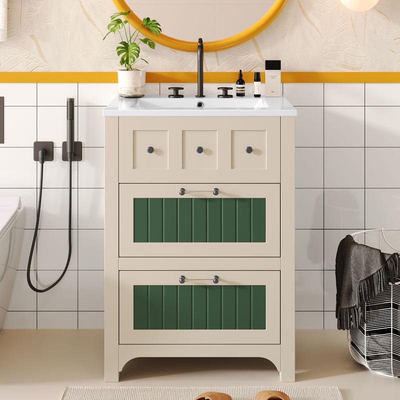 Bathroom Vanity With Ceramic Sink, Bathroom Vanity Cabinet With 2 Drawers, Wooden Bathroom Sink Cabinet - Beige / Green