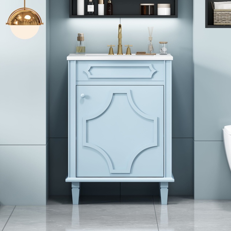 Bathroom Vanity With Ceramic Sink Combo, Modern Freestanding Storage Cabinet With Height Adjustable Shelf, Soft Closing Doors - Blue