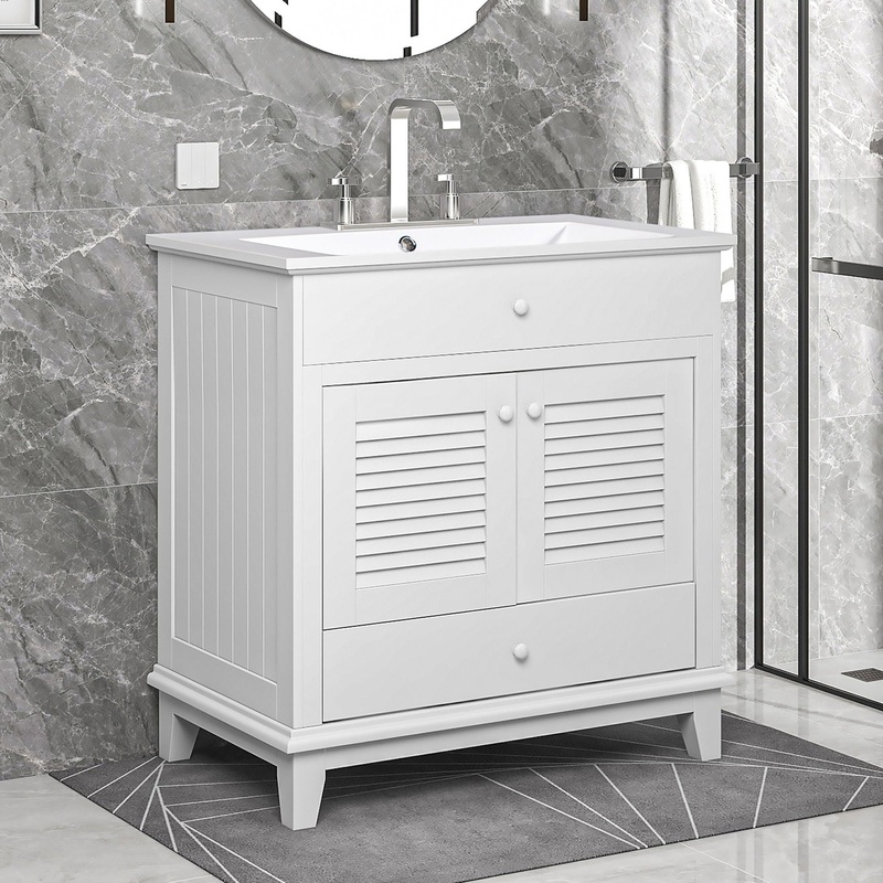 Bathroom Vanity With Sink, Bathroom Cabinet With Two Doors And One Drawer, White
