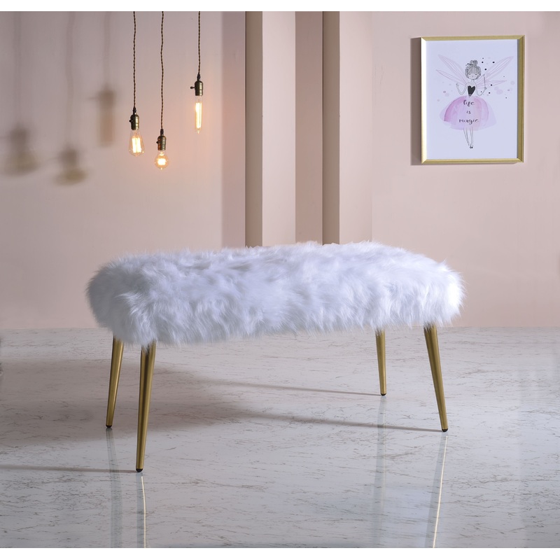 Bagley II - Faux Fur Bench - White / Gold