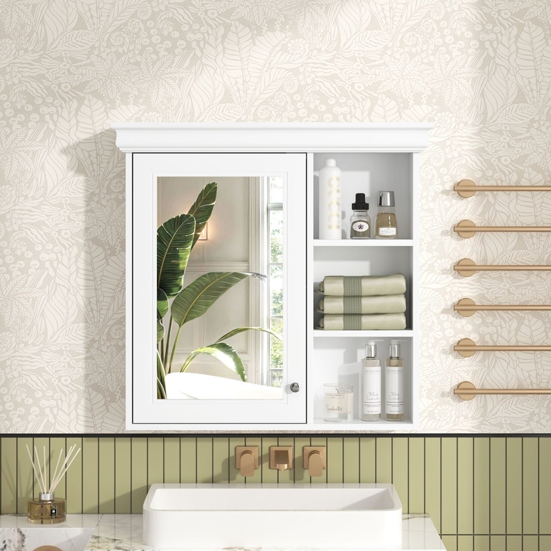 Bathroom Medicine Cabinet With Mirror, Wall Mounted Mirror Cabinet & Storage Organizer, Over The Toilet Storage White Storage Cabinet For Bathroom - White