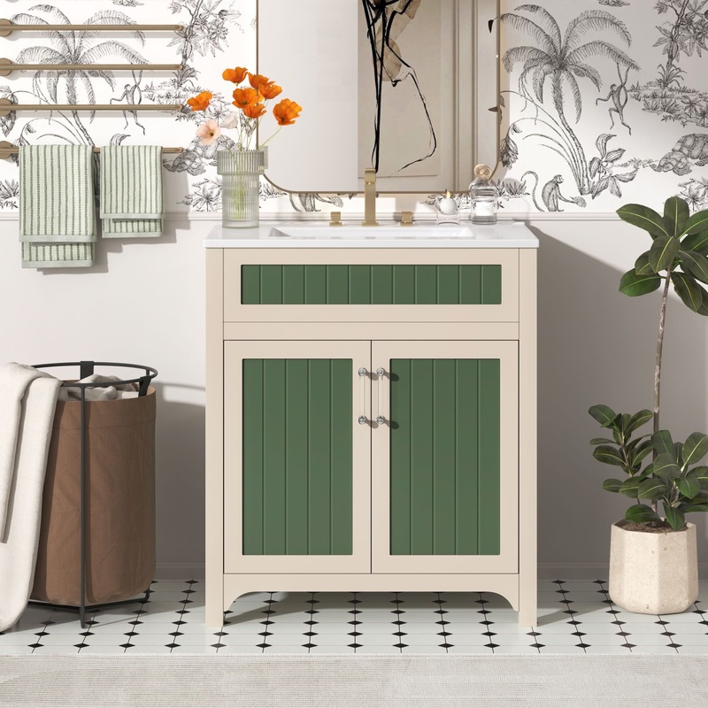 Bathroom Vanity Cabinet With Ceramic Sink Combo Set, Frame Modern Bathroom Storage Cabinet With Height Adjustable Shelf - Beige / Green