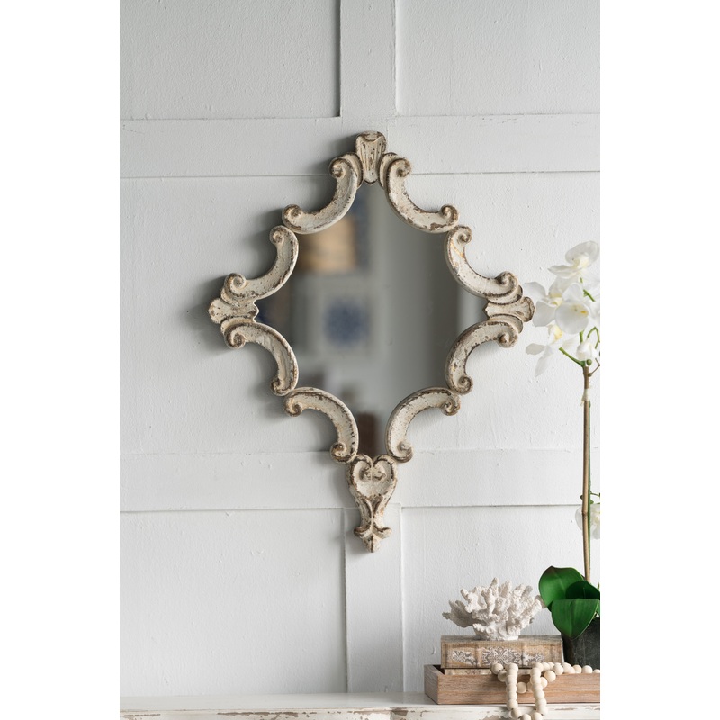 Artistic Diamond Scrollwork Mirror, Home Accent Mirror For Living Room, Entryway, Bedroom, Office - Antique White